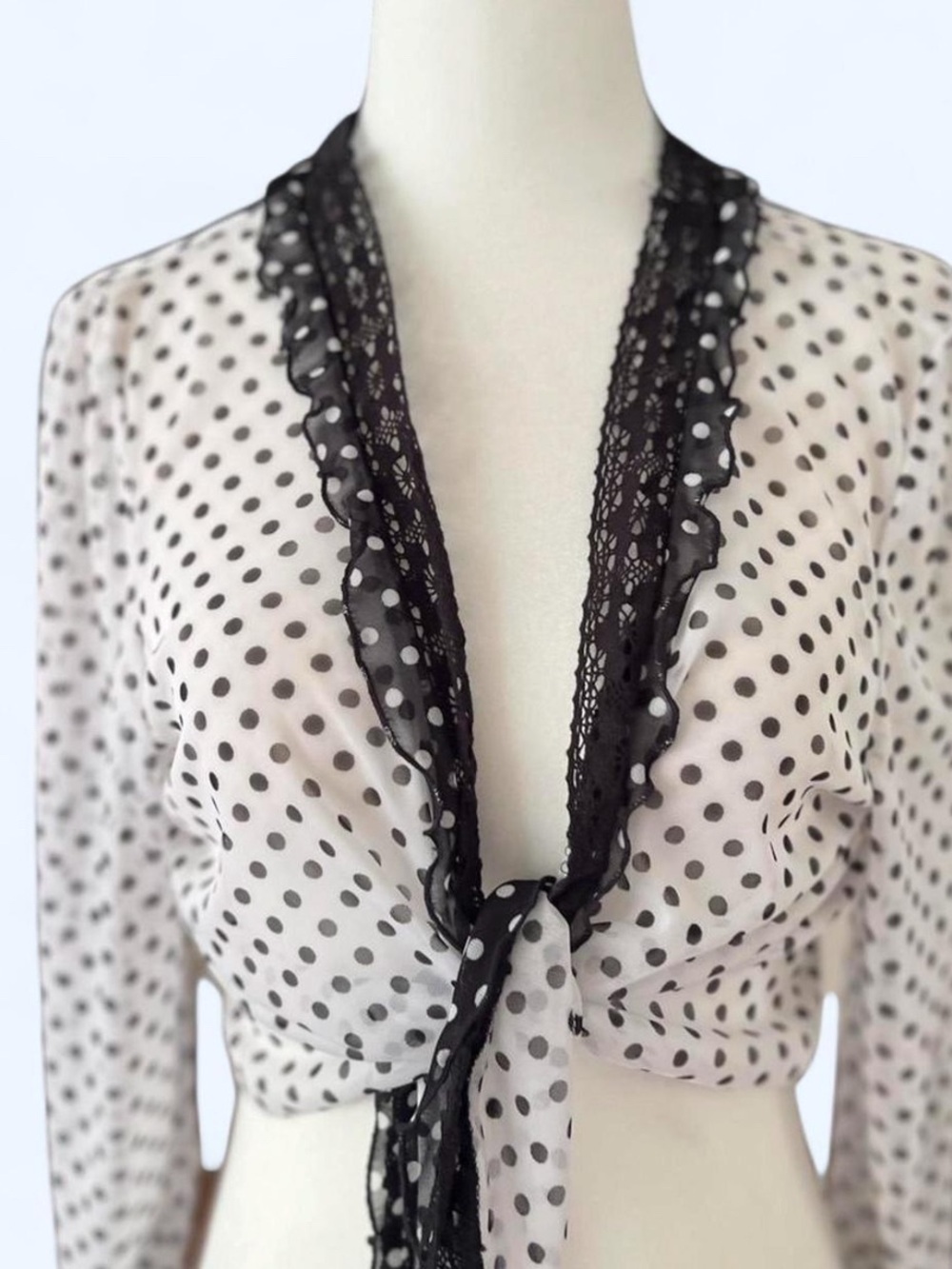 Vintage Joseph Ribkoff Polka Dot Sheer Wrap Top Ruffle Balletcore‎ 12 - Picture 2 of 8